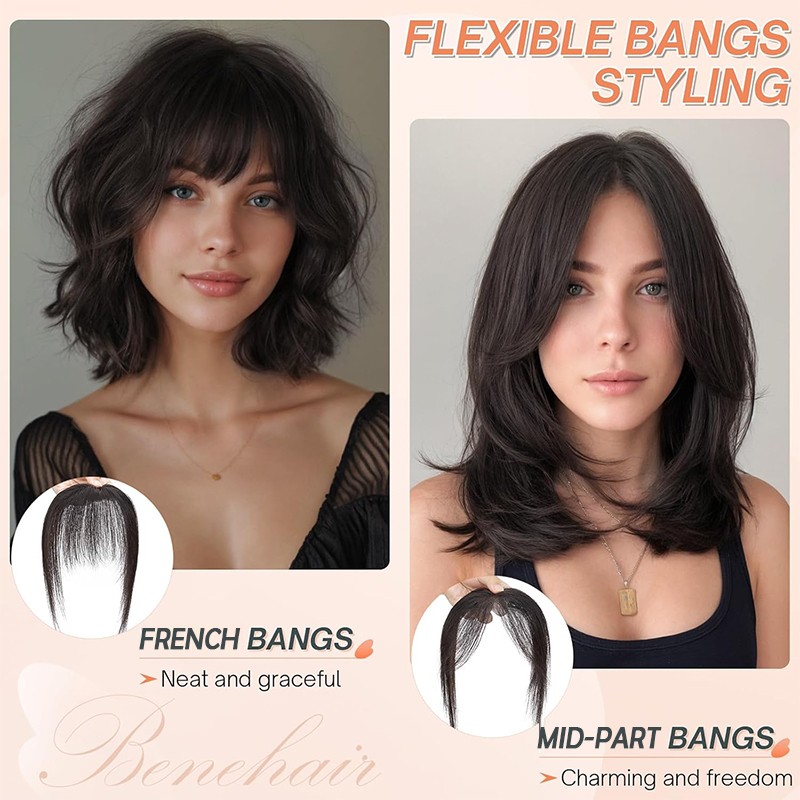 100% Human Hair Extensions Clip In 3D Bangs Mid-Part Air Bangs French Bangs Thin
