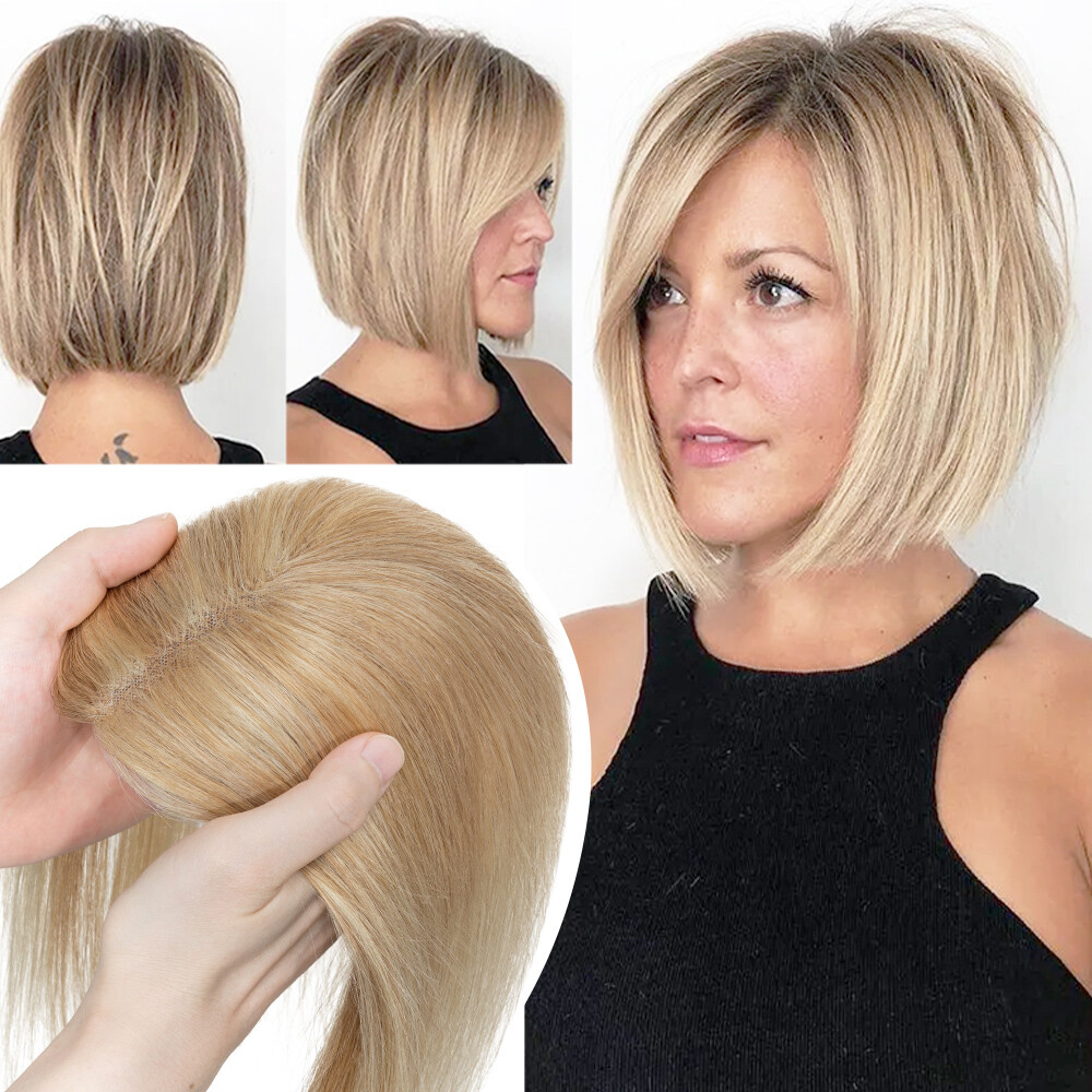 Top Topper Toupee Clip In Remy 100% Human Hair Silk Base Wiglet THICK Piece Weft