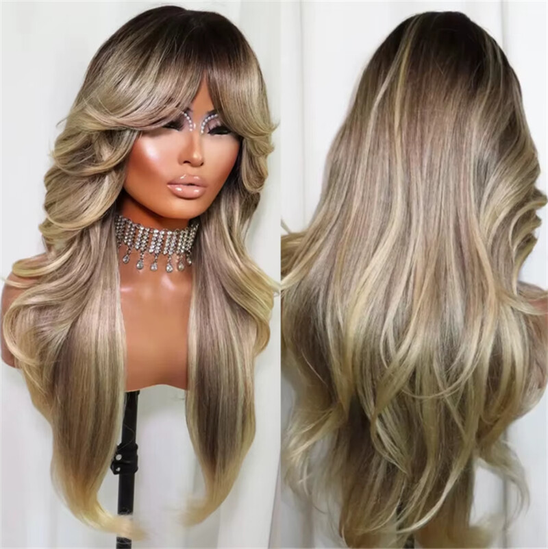 Ash Blonde Wig with Bangs Honey Blonde Balayage Human Hair 13×4 Lace Front Wigs