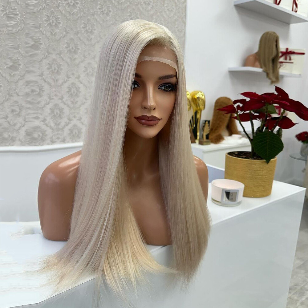 Platinum blonde Heat Resistant Hair Glue Less Lace Front Wig Long Straight