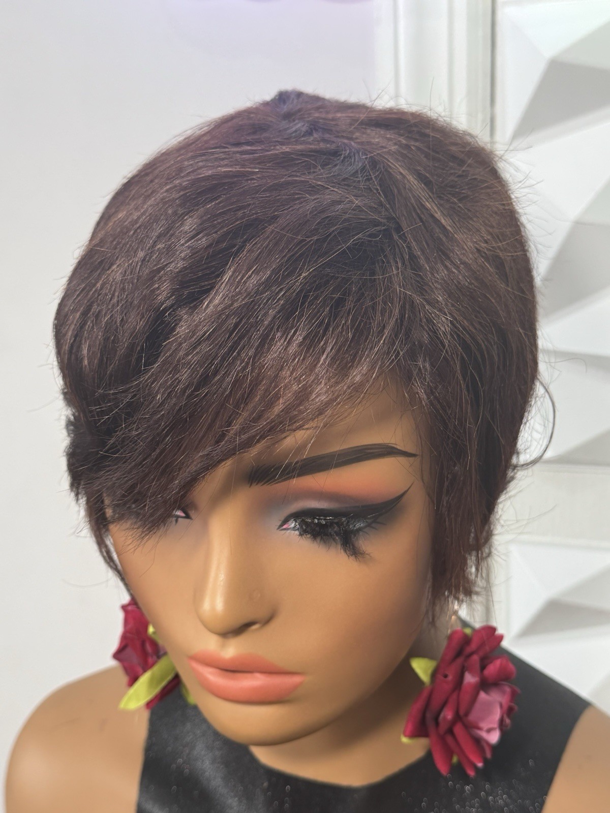 100% Human Hair Dark Brown Pixie Cut Wig Short Bangs Classic Cap One Size