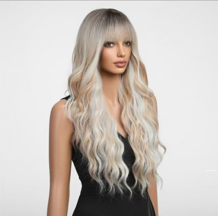 Ombre Blonde Wigs with Bangs,Long Curly Wig for Women,Blonde Long Wavy Wig Synth