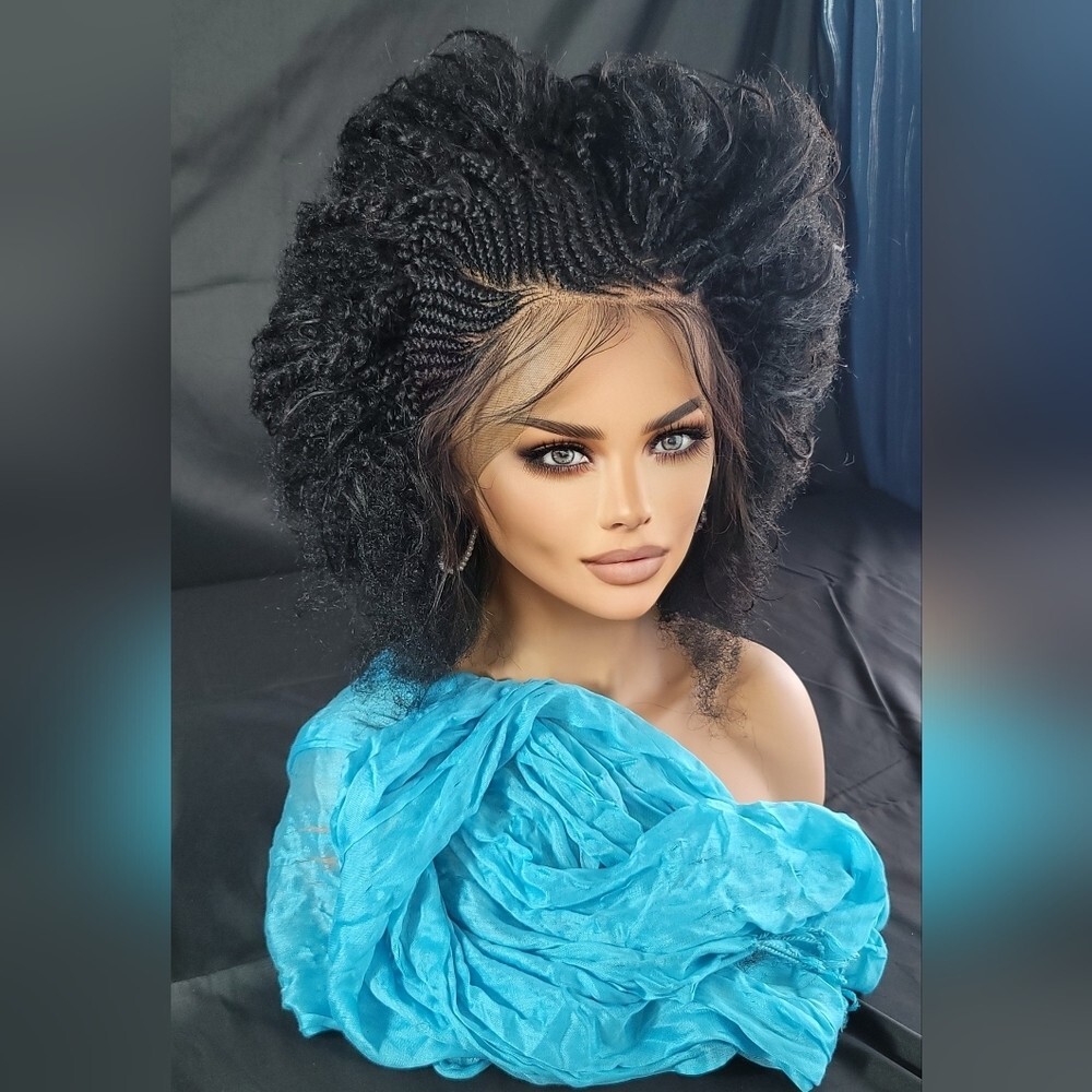 Braided Wig Short Afro Kinky Black Lace Front Glueless Baby Hair 4″ Handmade NWT
