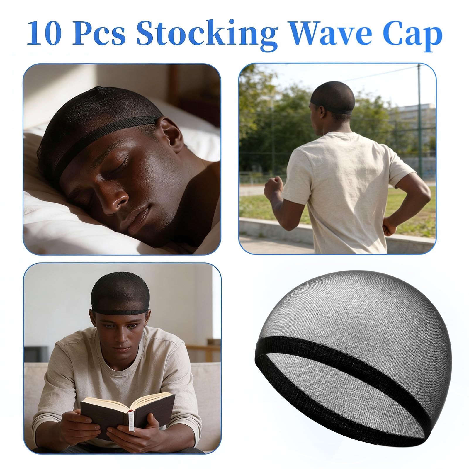 10 Pcs Wave Cap for Men, Soft Breathable Black Stocking Caps One Size,