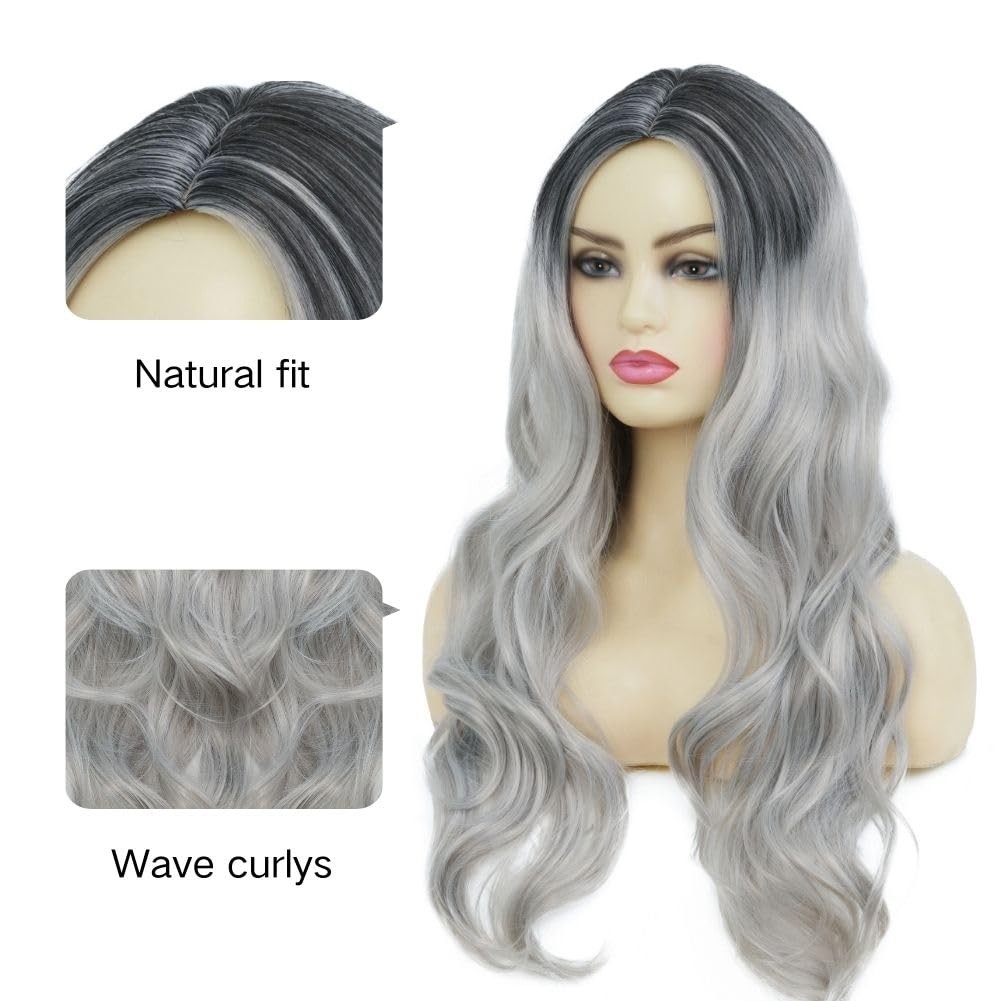 Long Grey Curly Wig for Women Ombre Gray Wavy Synthetic Wig for Daily Party H…
