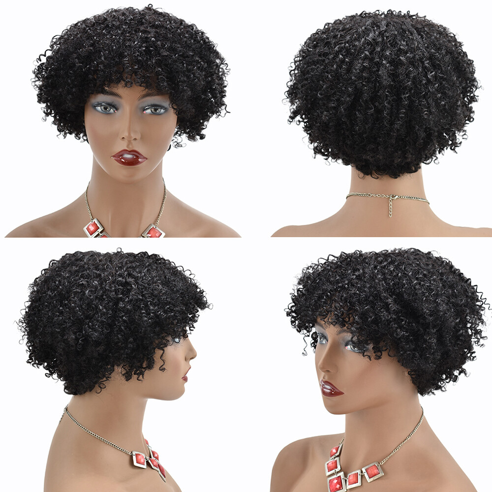 Kinky Curly Afro Wigs with Bangs Short Human Hair Wig for Black Women Brazilian