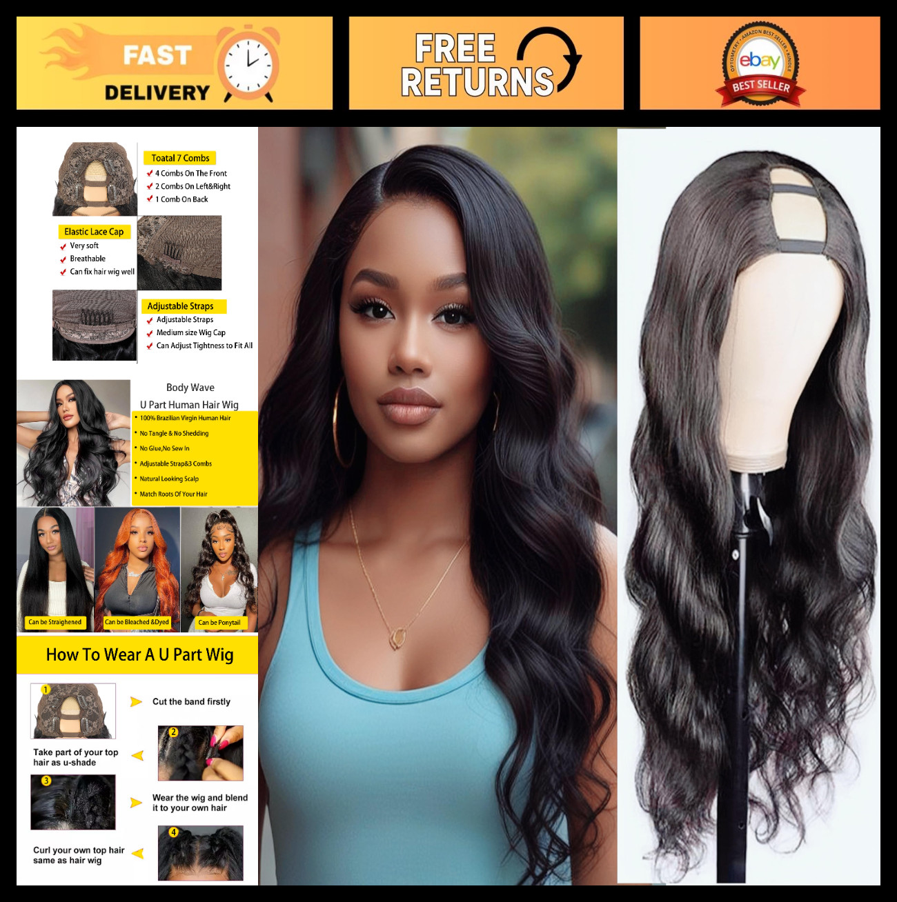 22″ U Part Human Hair Wig – Body Wave, 180% Density, Glueless Clip-In for Black