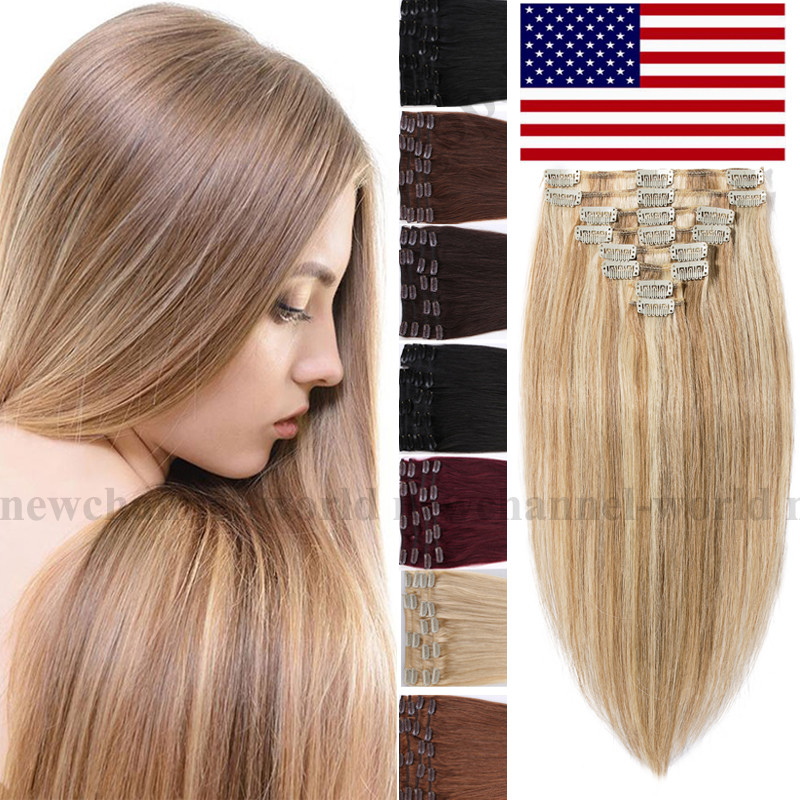 US Real Clip In 100% Remy Human Hair Extensions Full Head Highlight 18″20″22″24″