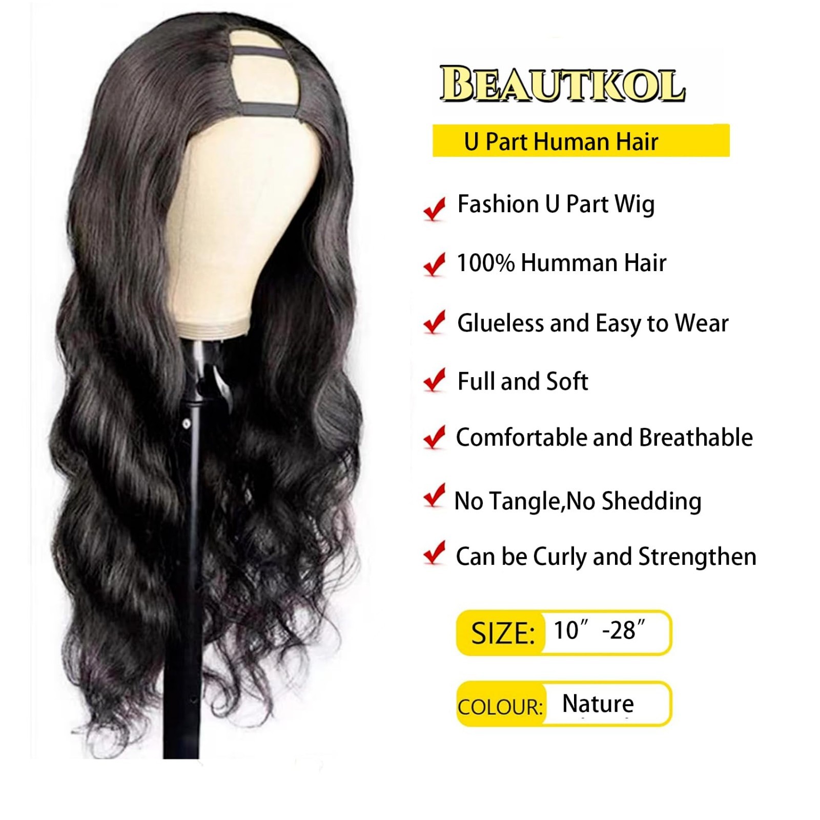 22″ U Part Human Hair Wig – Body Wave, 180% Density, Glueless Clip-In for Black
