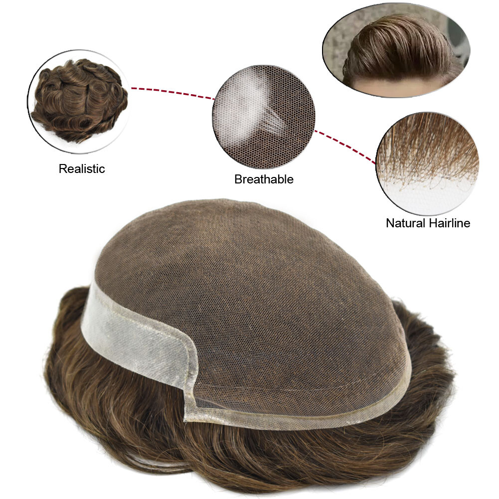Men Human Hair Replacement System French lace Front Thin Skin Toupee Hairpiece