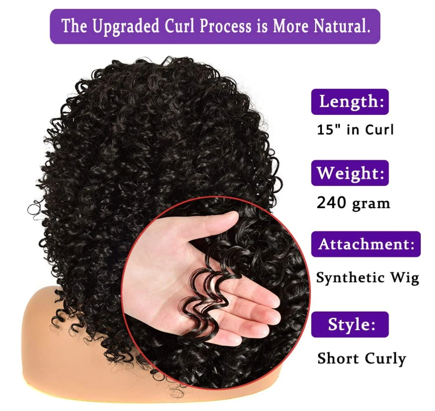 Afro Curly Wig for Black Women 15 in Natural Black Heat Resistant Synthetic