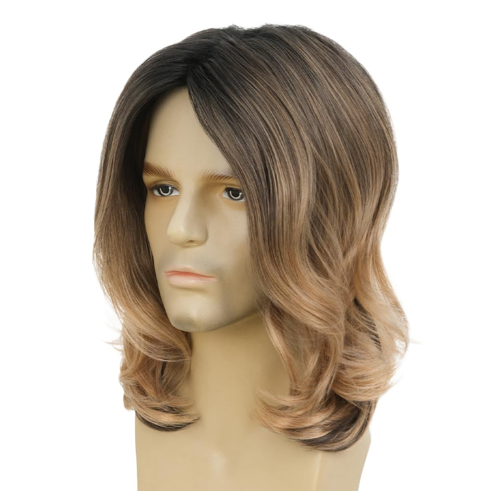 Men’s Brown Shoulder Length Wig Synthetic Cosplay Costume Rocker Hair