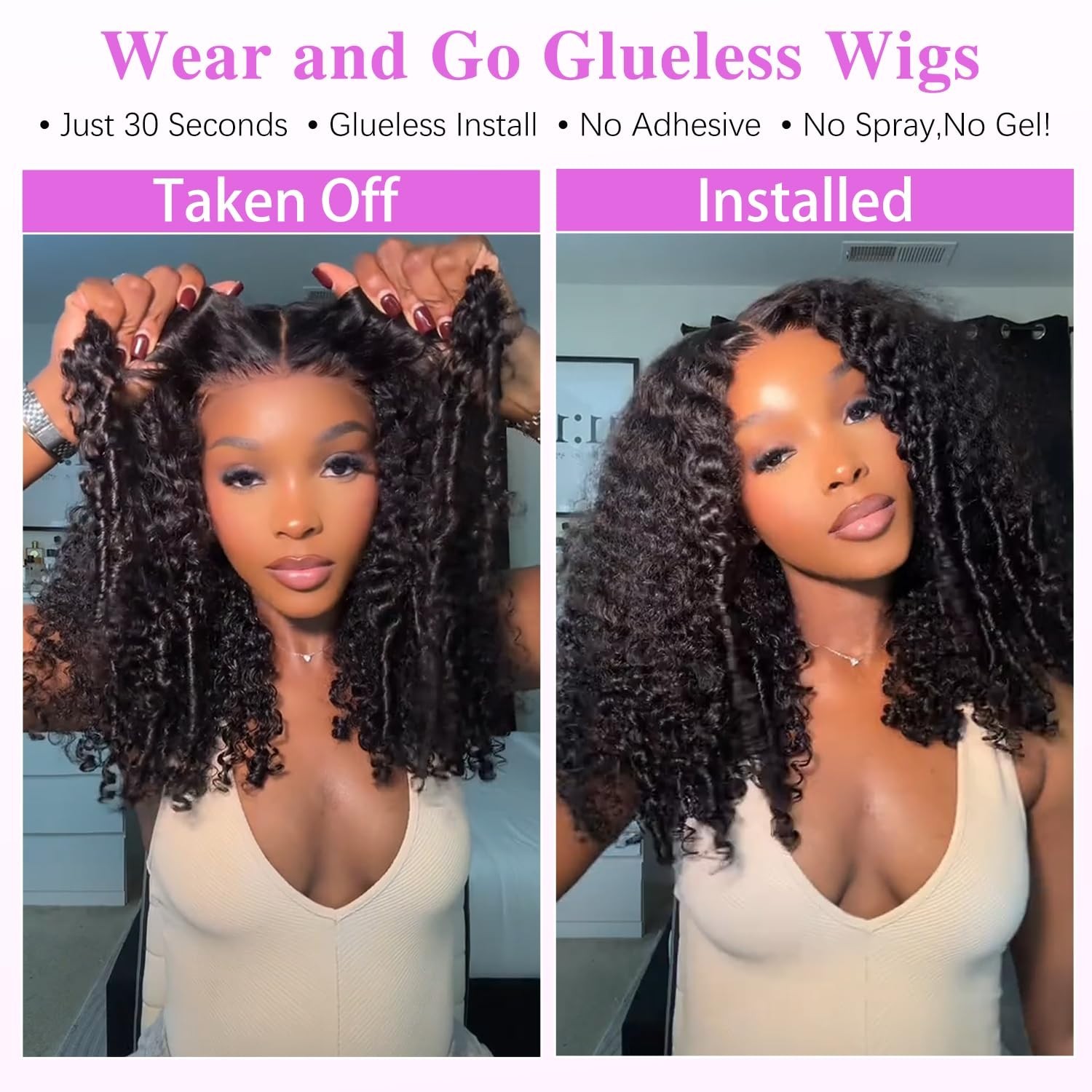 16 Inch 7×6 Curly Glueless Human Hair Wig, Pre-Plucked, 250% Density, HD Lace