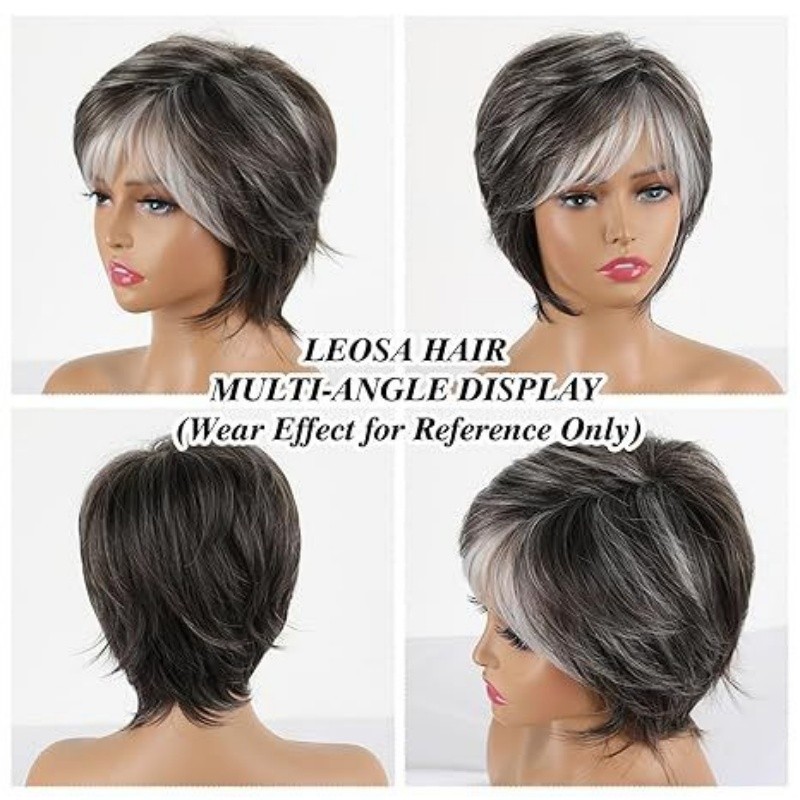 Women’s Salt and Pepper Pixie Cut Wig Short Layered Synthetic Hair