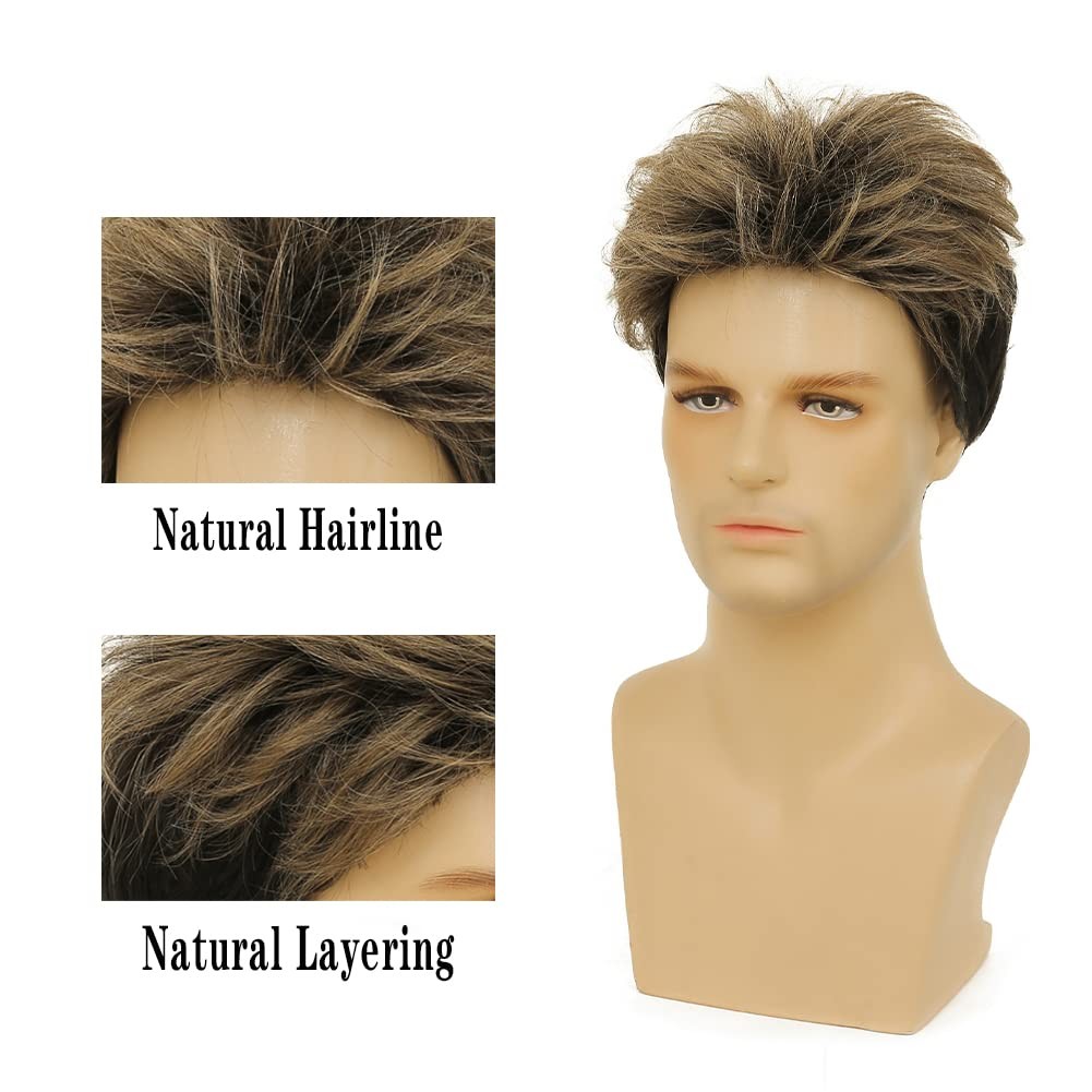 Blonde Mix Black Men Wigs Short Layered Wig for Male Guy Halloween Cosplay Pa…