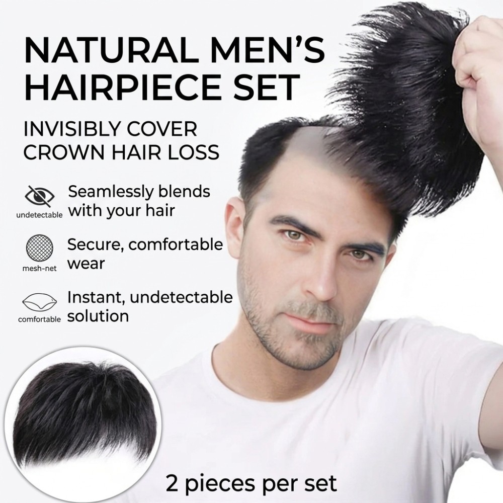 Men’s Hair Topper Invisible Breathable Mesh Hairpiece Natural Black 2 Pieces