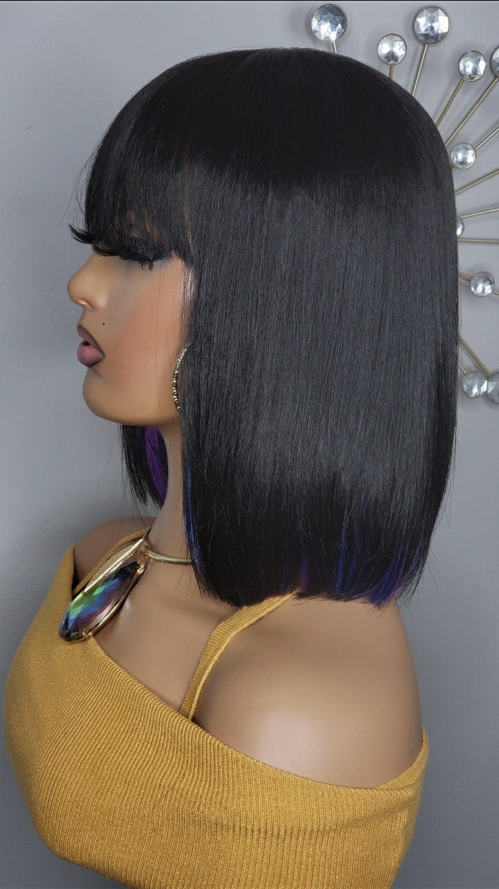 New Short Human Hair Blend Straight Bob Wrap Full Cap Wig Black Blue Purple Wig