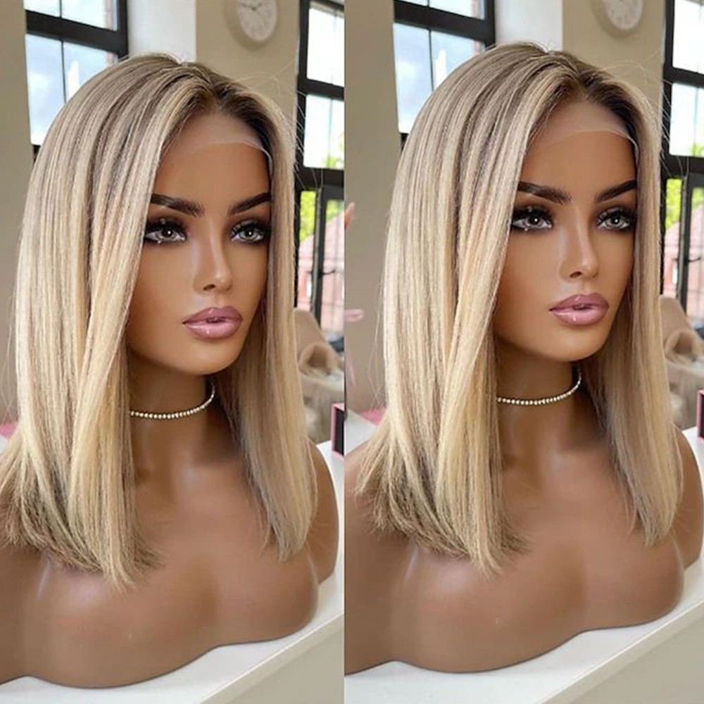 13×4 Short Bob Lace Front Wigs Glueless Brown Roots Ombre Blonde Straight Hair