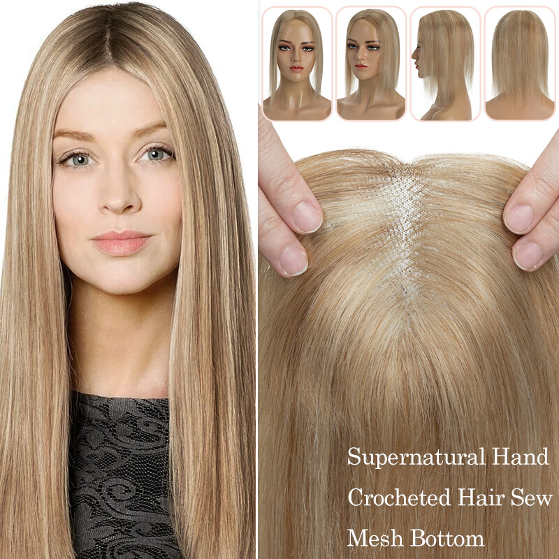 100% Remy Human Hair Extensions Clip In Silk Base Hairpiece Topper Free Part