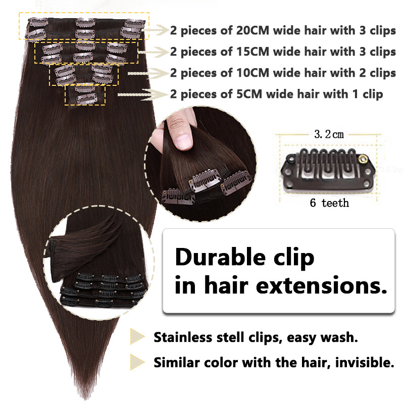 8PCS Clip In Hair Extensions 100% Real Soft Human Hair Weft Any Color 14″-24″ US