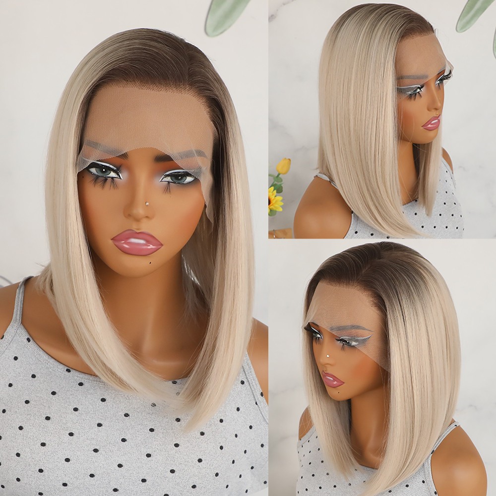 13×4 Short Bob Lace Front Wigs Glueless Brown Roots Ombre Blonde Straight Hair