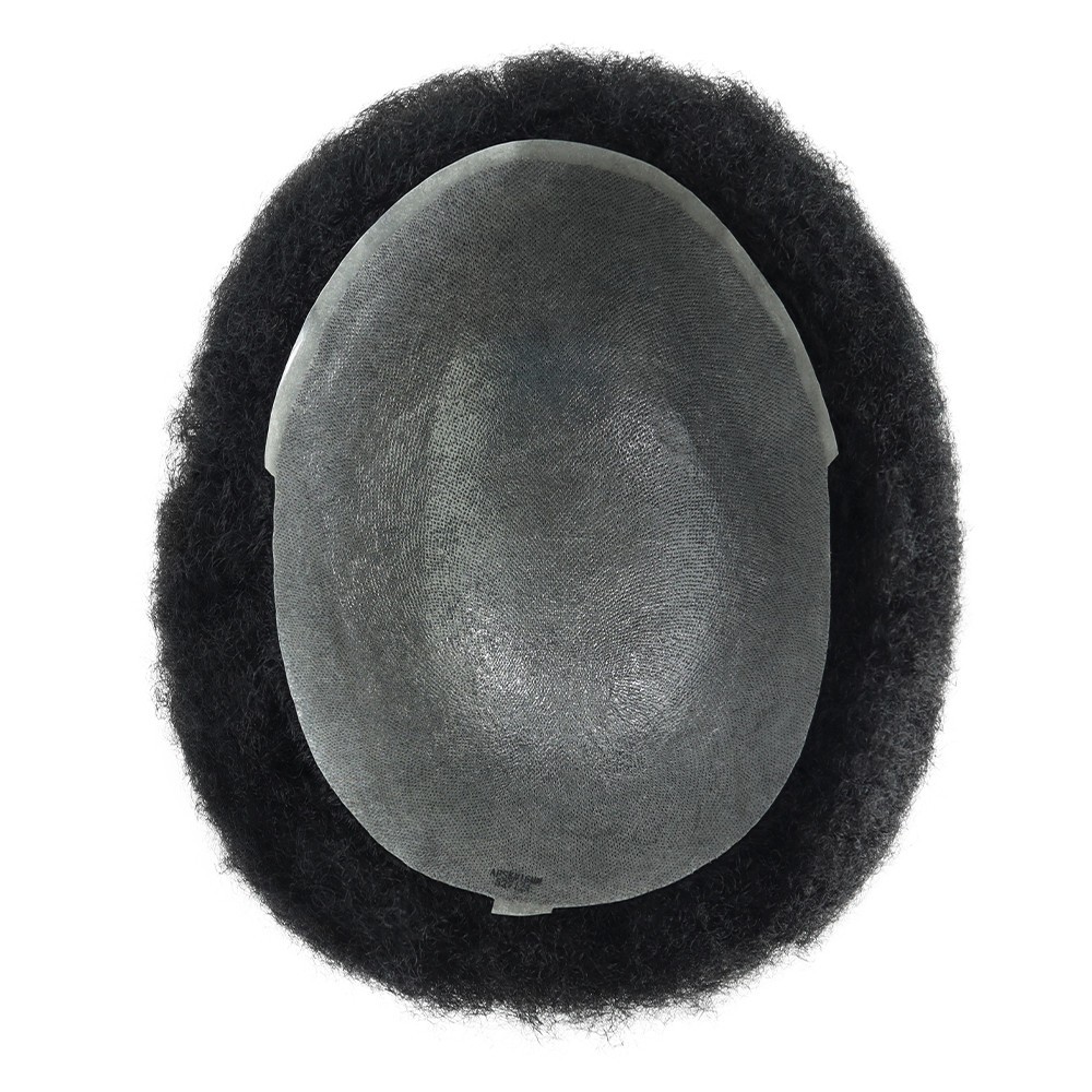 Mens Toupee Human Hair Afro Curl 6mm Poly Skin Black Hair Pieces #1
