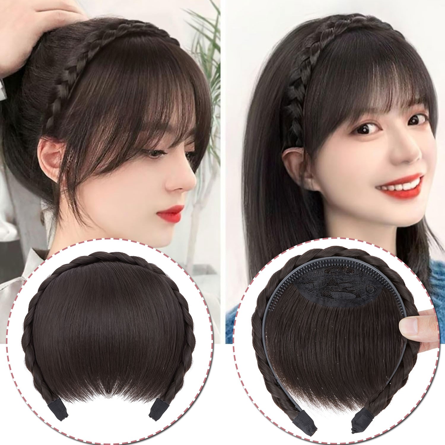US Thick Braided Headband Fringe Hair Extensions Front Neat Bangs Hairpiece Xmas
