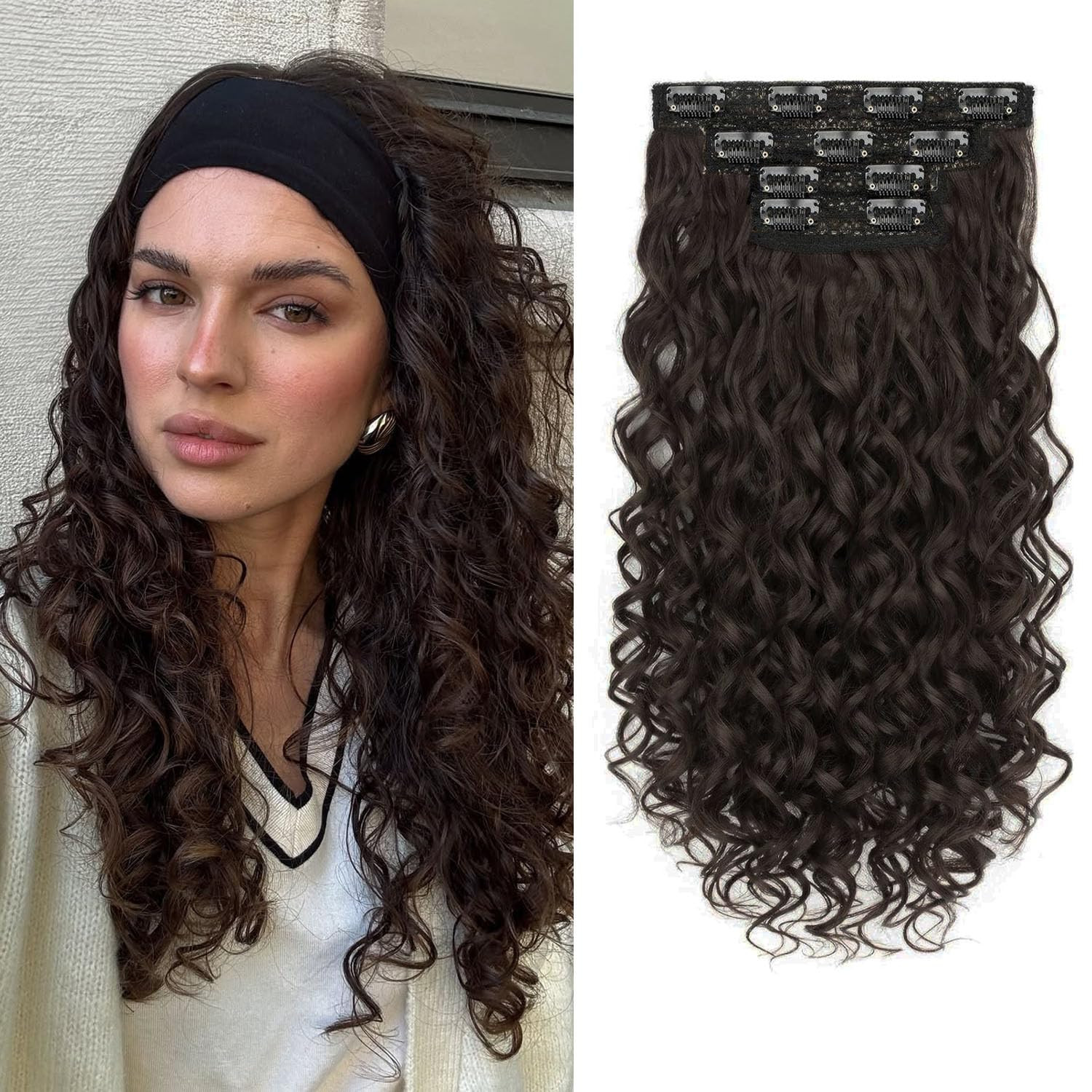Curly Clip in Hair Extensions,4Pcs 16 Inch Dark Brown Extension Clip Ins Lace We