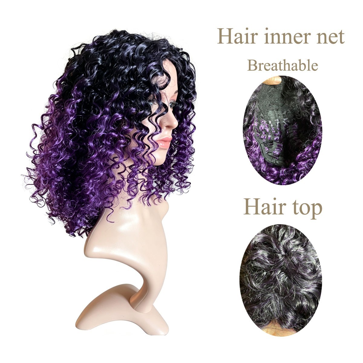 Afro Curly Wig For Black Women Black to Purple Ombre Fluffy Deep Wave Bob Wig