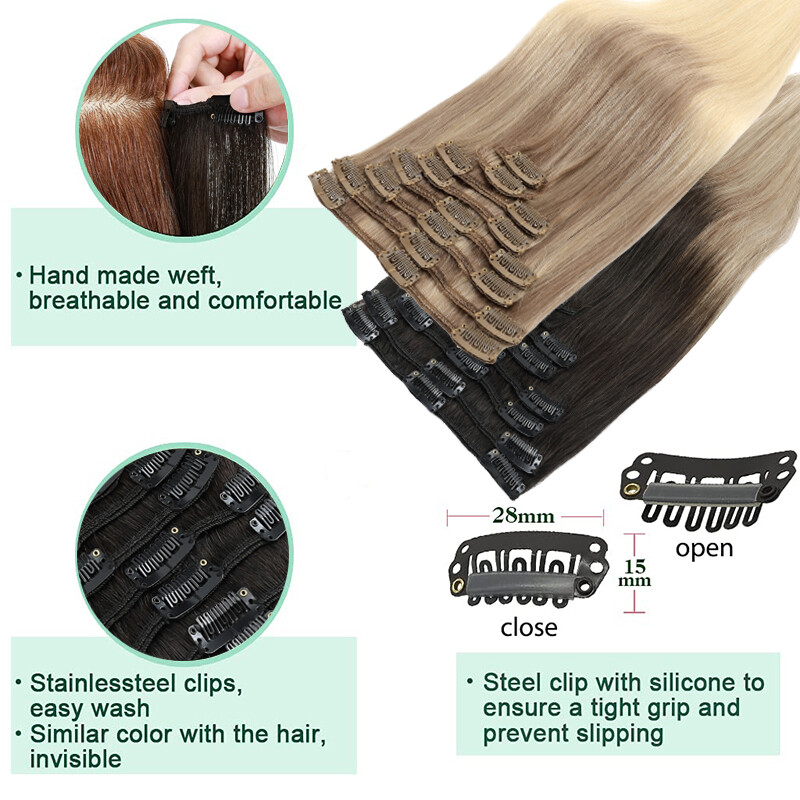 CLEARANCE 100% Human 9A Hair Clip in Remy Hair Extensions Full Head 8PCS Ombre