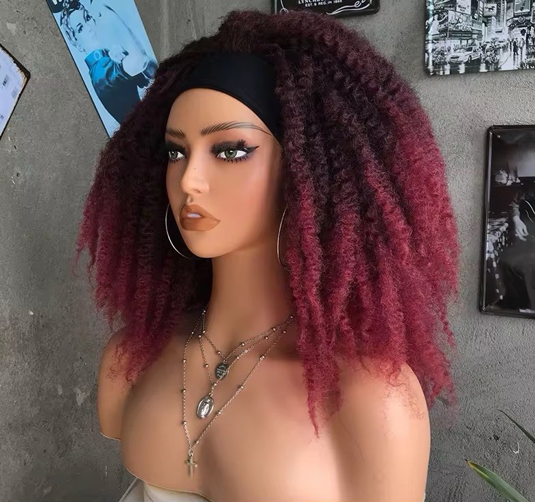 Hot! summer Burgundy afro Kinky Curly Headband Wig. Natural Look Synthetic Hair