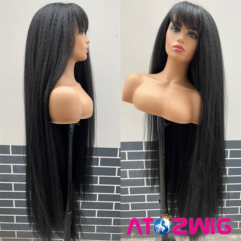 48 inch Long Kinky Straight Ash Blonde Wig with Full Bangs Fashion Party Wigs