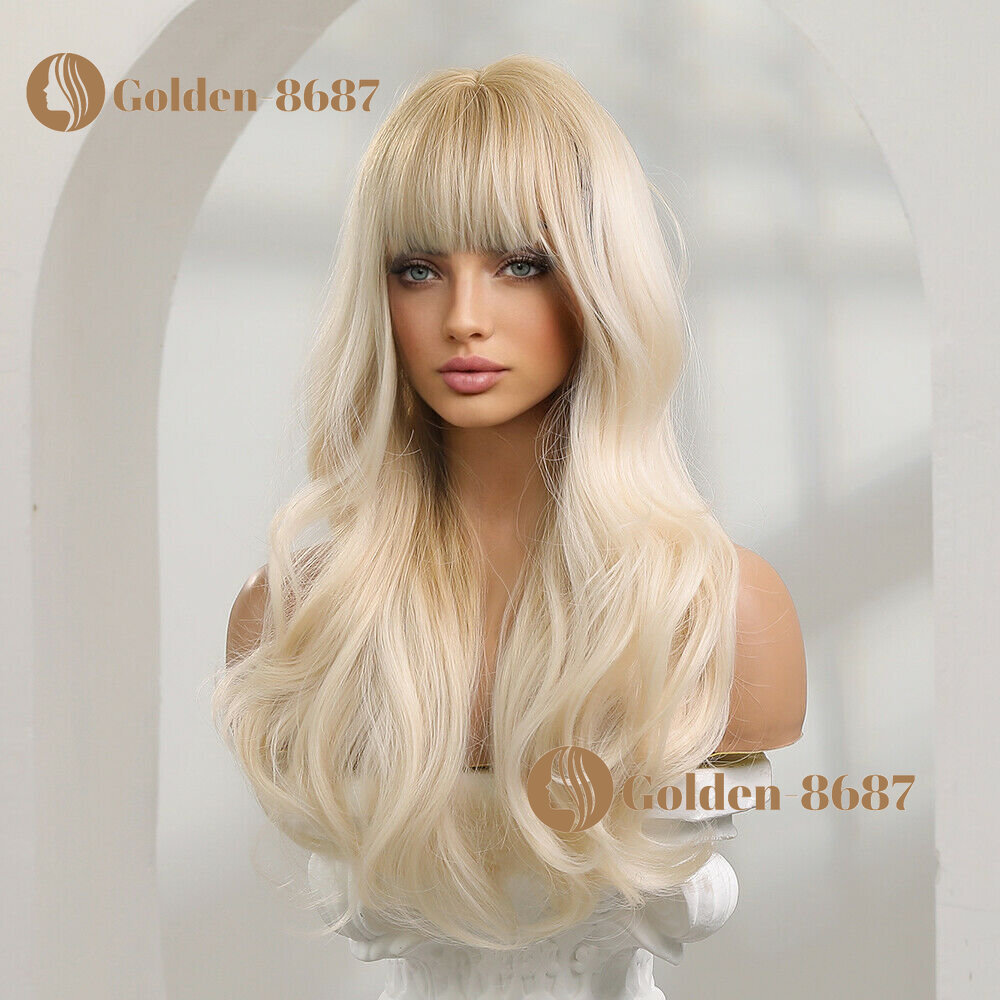 Long Wavy Platinum Blonde Hair Wigs Bangs Women Fashion Natural Daily Cosplay US