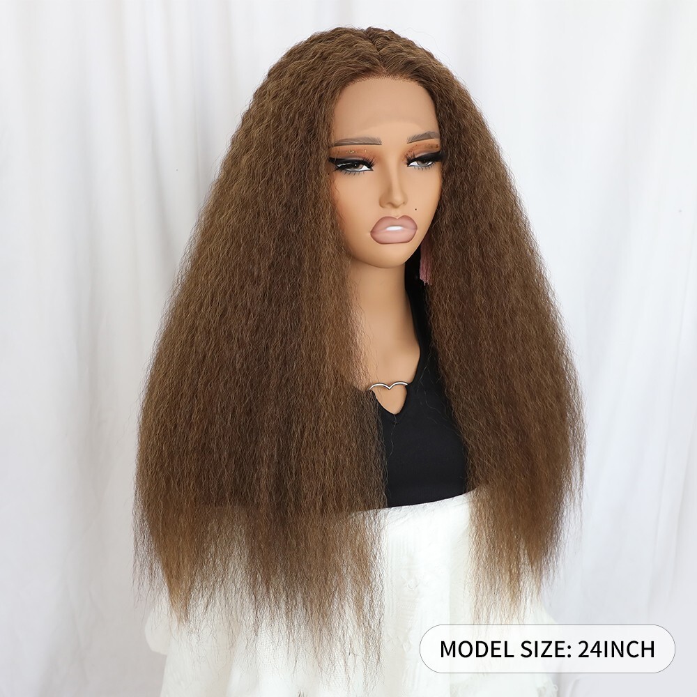 Kinky Straight Lace Front Wigs Synthetic Brown Human Hair Natural Pre Plucked