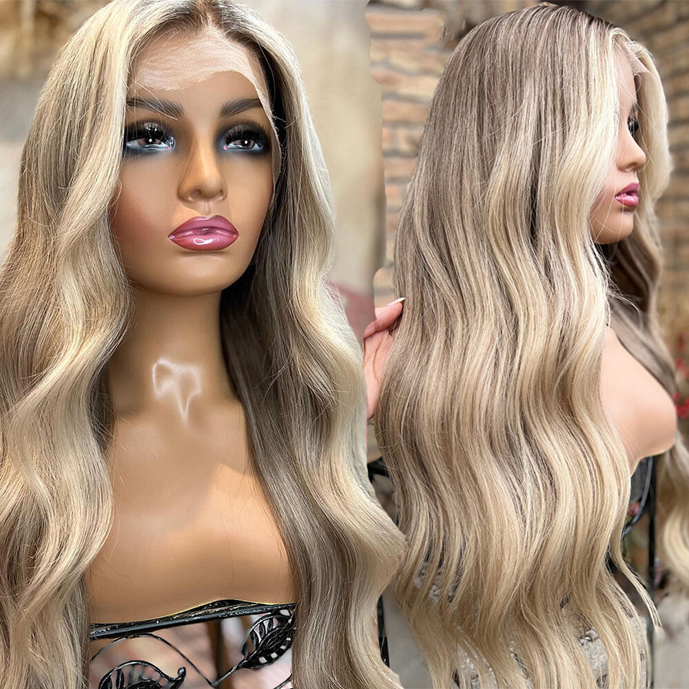 Highlight Blonde Lace Front Wigs 13×4 Human Hair Brown Roots Loose Body Wavy