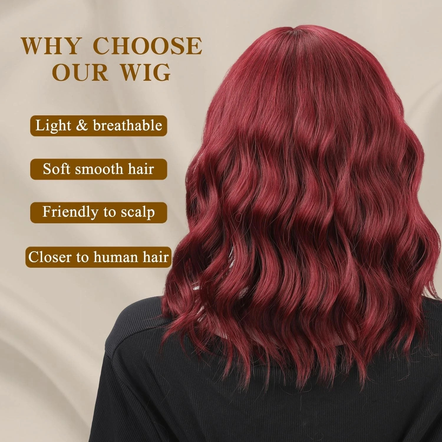 16in Wine Red Wig with Bangs Short Wavy Wigs for Women Wine Red Curly Shoulde