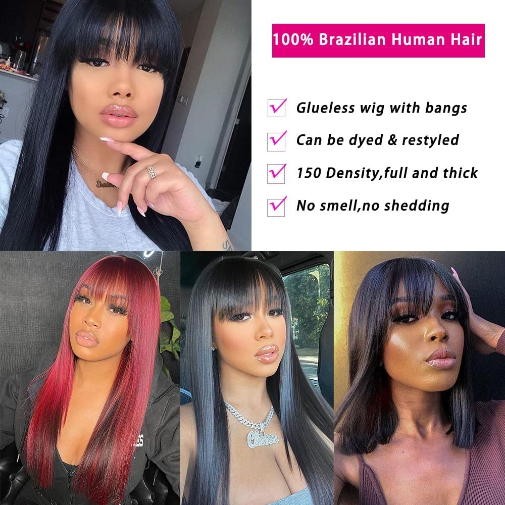Long Straight Wig with Bangs Human Hair Wigs Glueless Machine Made Wig with Bang