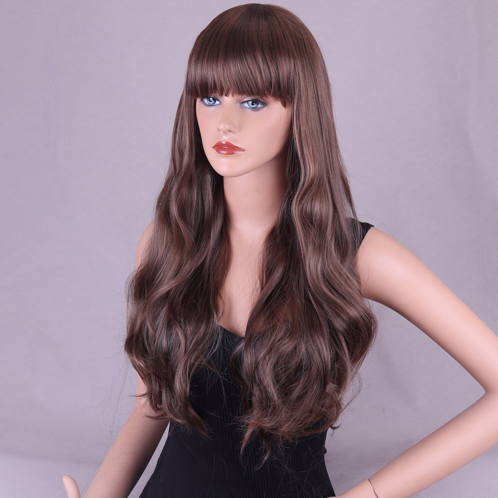 26 Inch Long Curly Full Wigs with Bangs Body Wave Hair for Women Borwn Wavy Wigs