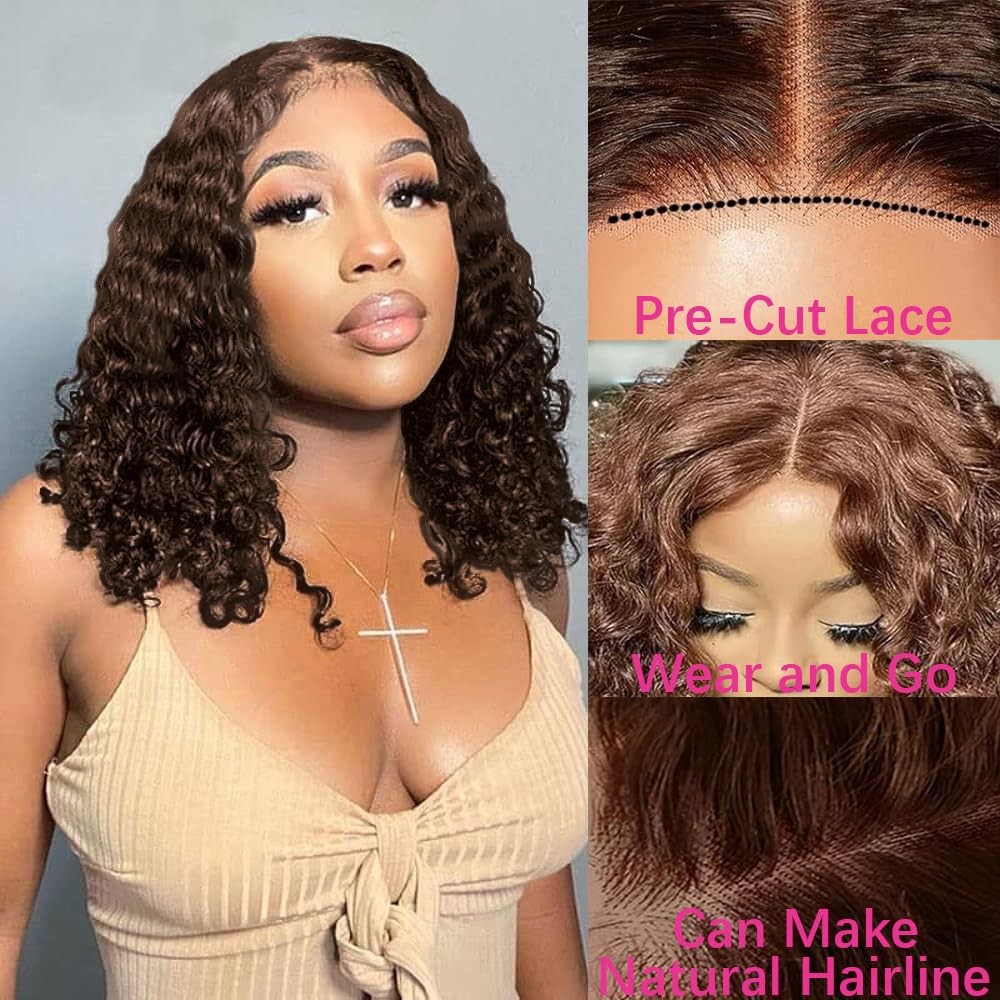 Pinketer Chocolate Brown Glueless Bob Wig Human Hair Wear And Go Deep Wave Wig