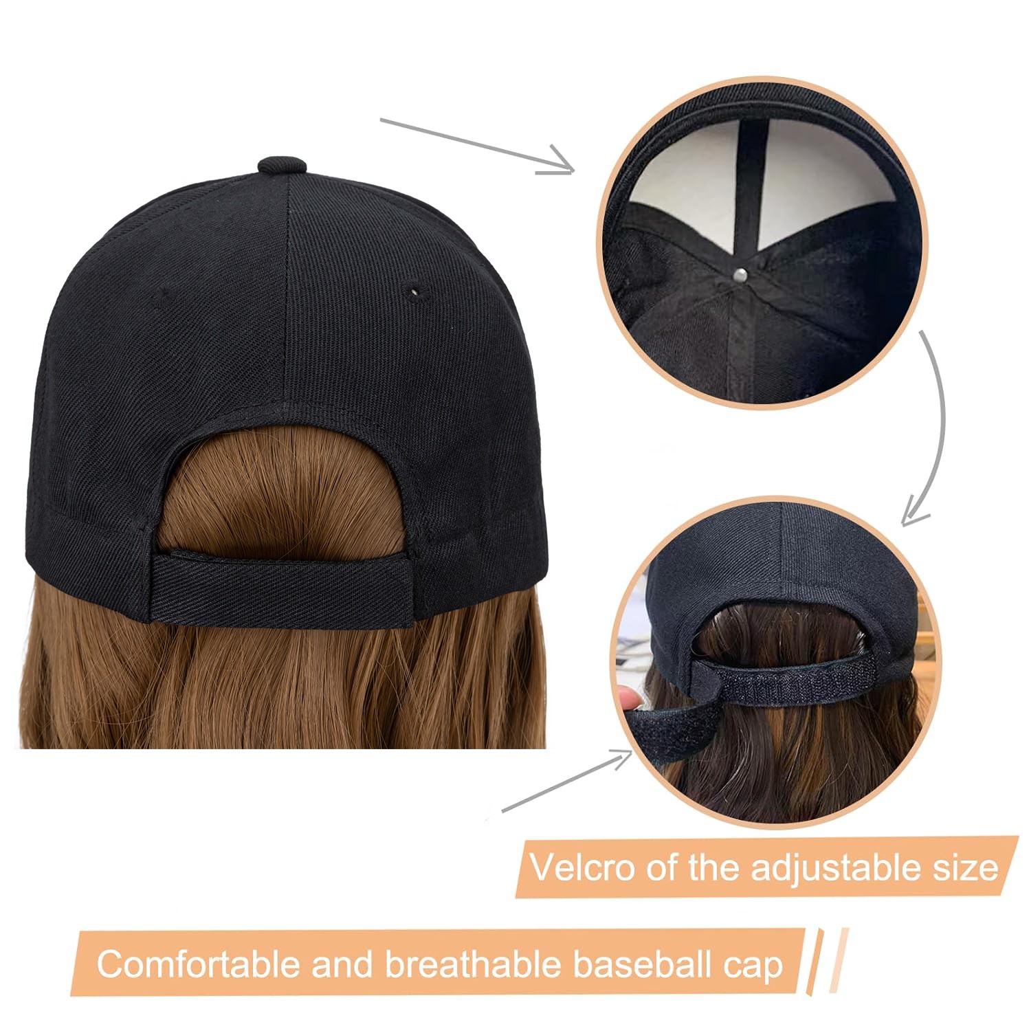 Women Baseball Cap Hat with Long Natural Wavy Synthetic Hair Wig for Party Black