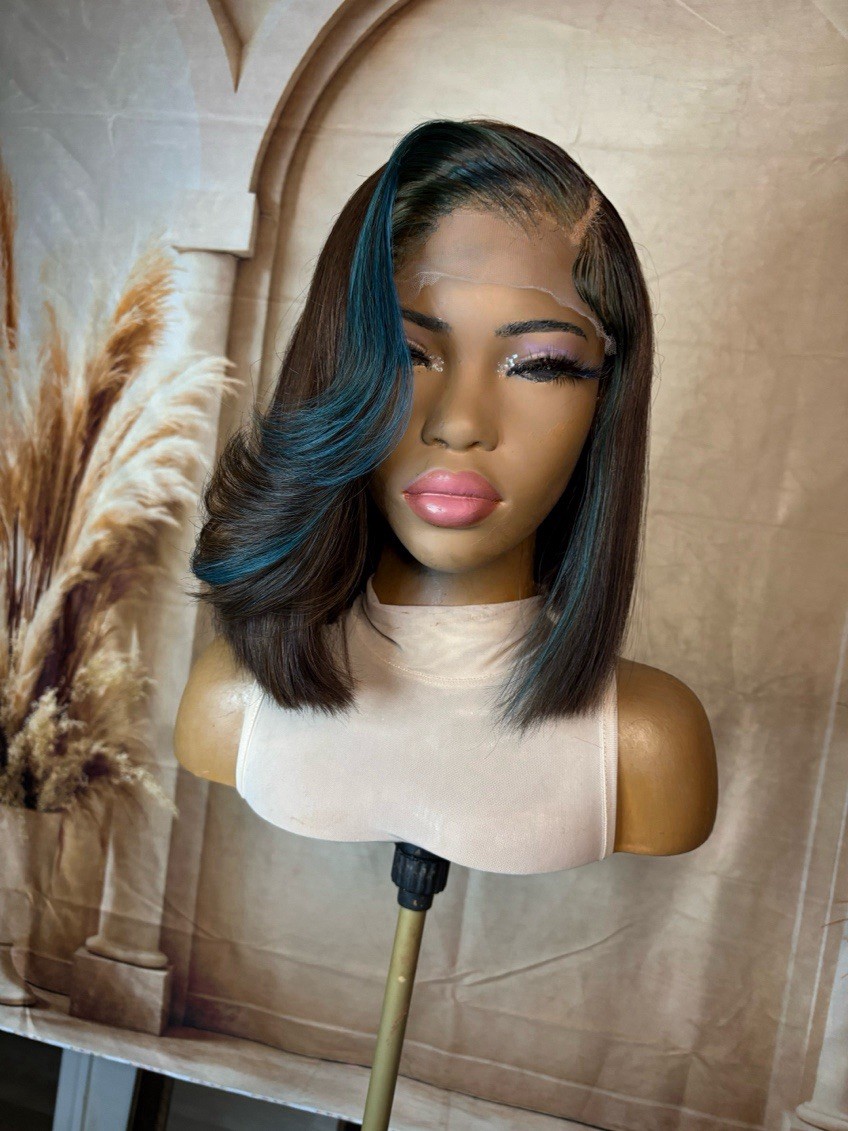 Women’s Straight Hair Wig Dark Brown with Blue Highlights Straight Texture