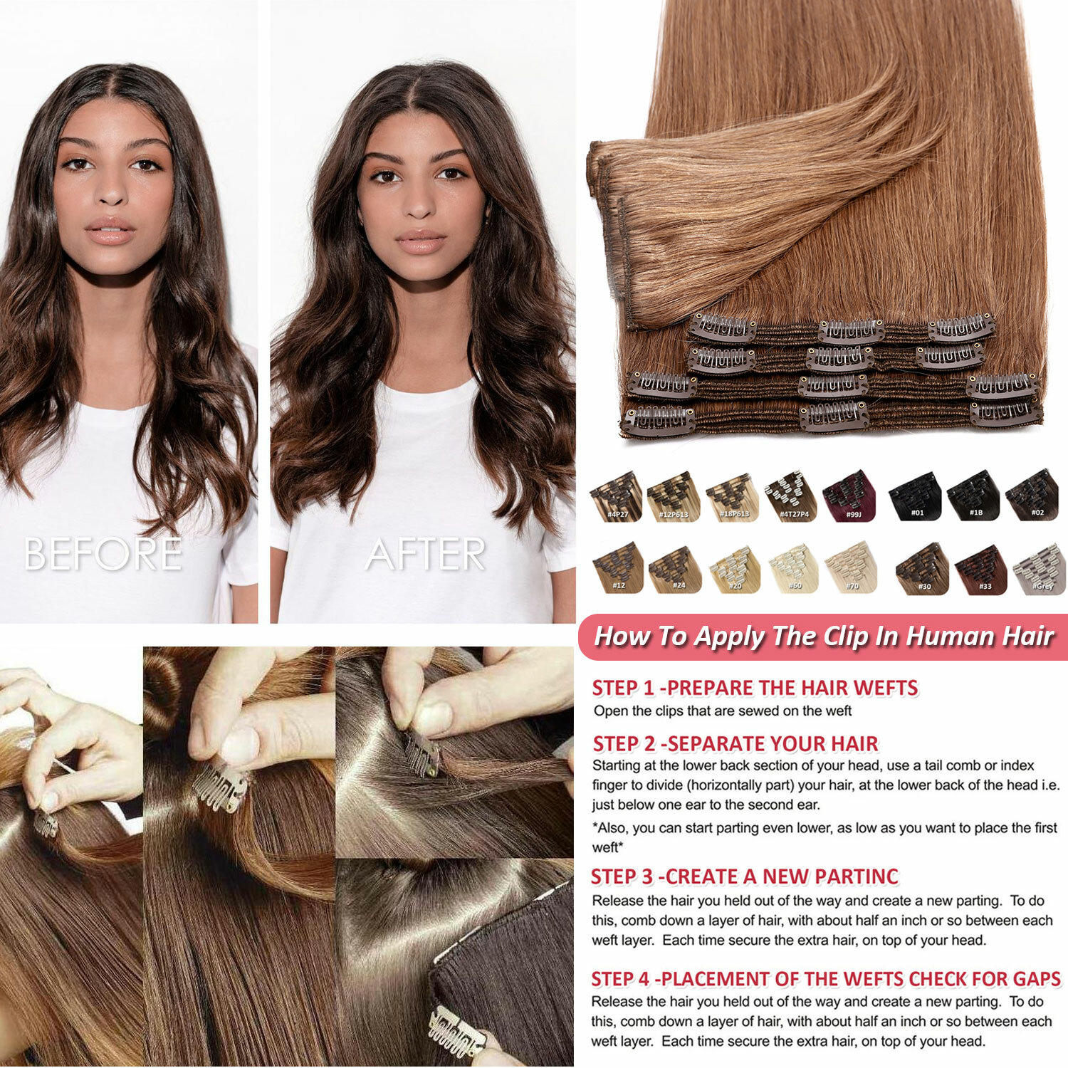 100% Real Soft Double Weft Clip In Remy Human Hair Extensions Full Head Thick US