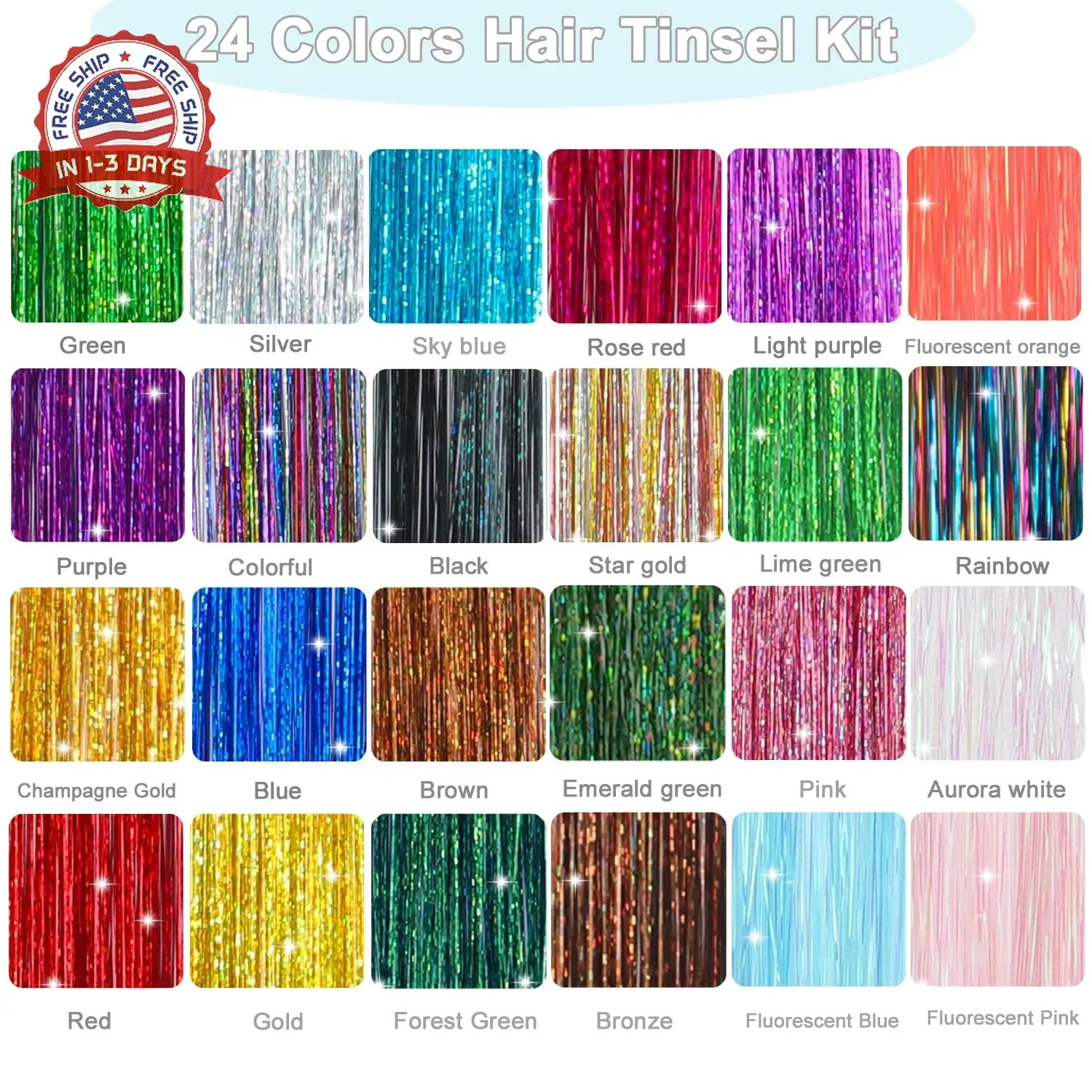 Hair Tinsel, 24 Colors 9800 Strands Hair Tinsel Kit with Tools, Heat Resistant T