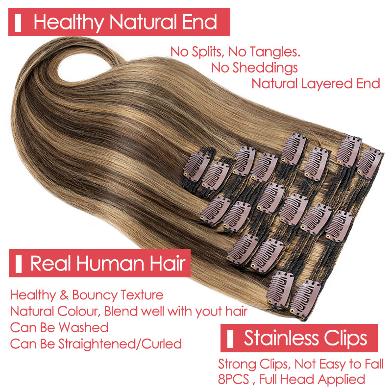 Double Wefts Clip In Russian Remy Human Hair Extensions Blonde Full Head Thick