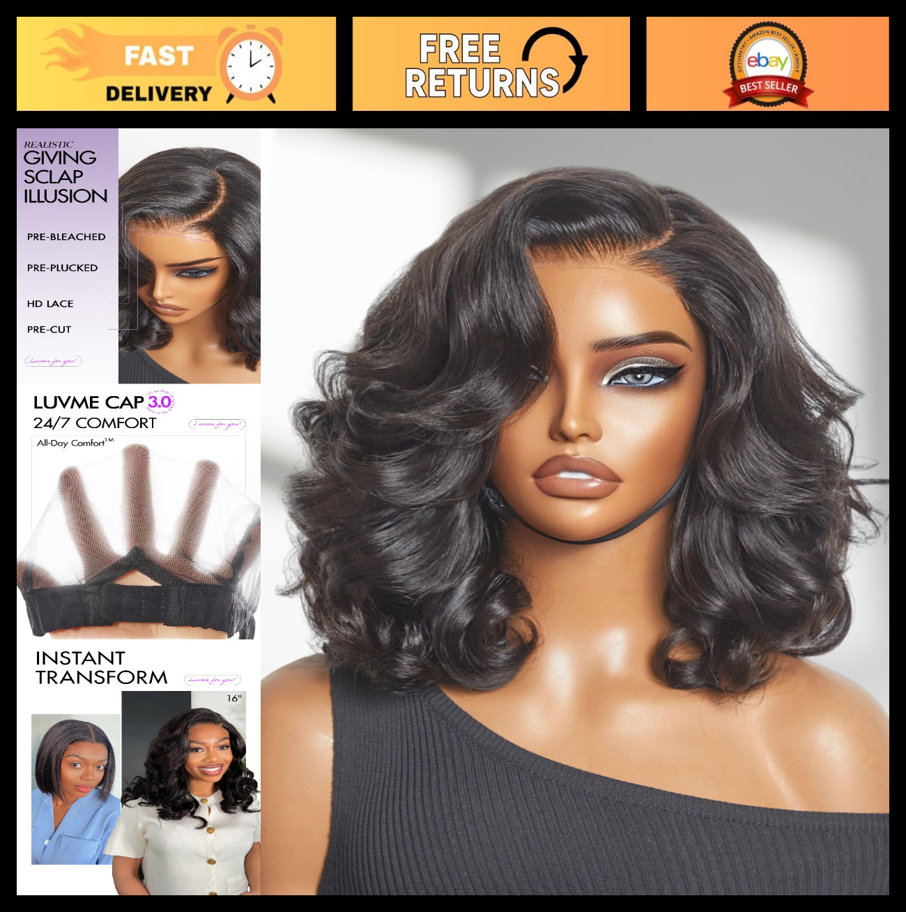 100% Human Hair Loose Wave Wig – 18″ Glueless Lace Front, Pre-Plucked, Natural C