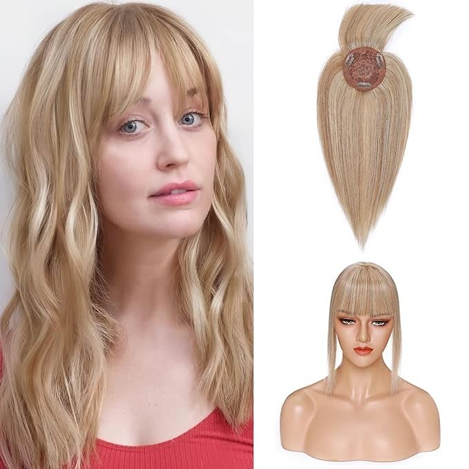Golden Brown Bleach Blonde 100% Real Human with Bangs 6in Hair Toppers