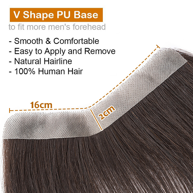 Mens Hairline Toupee Men Frontal Hairpiece V-Shape PU Thin Skin Remy Human Hair