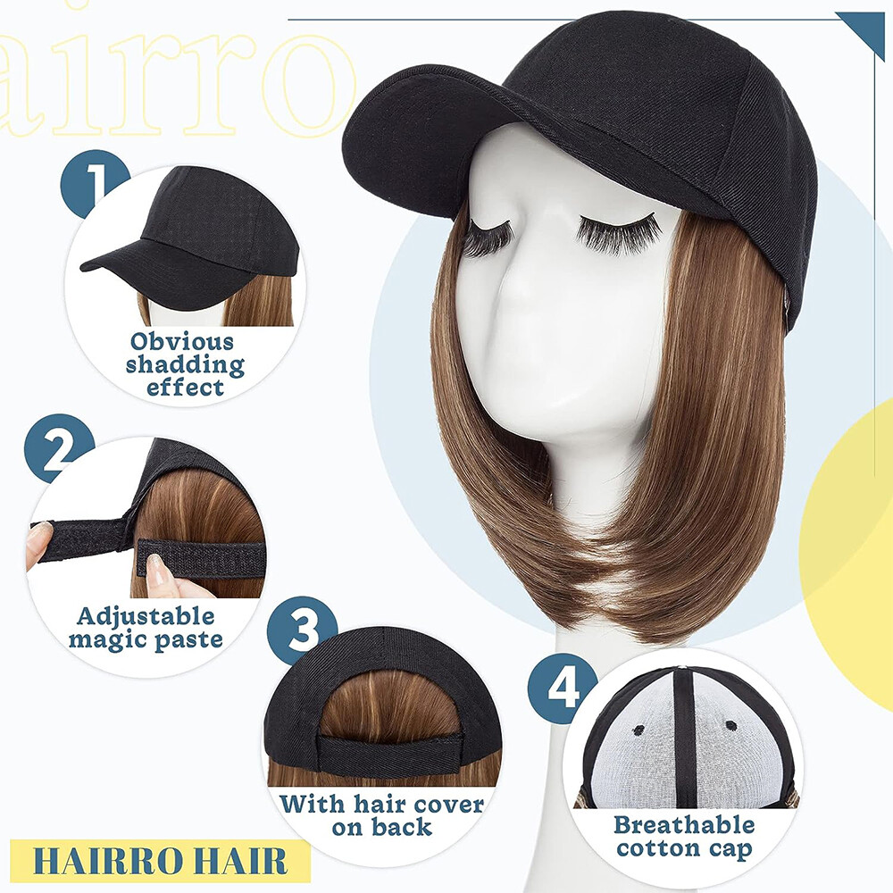 Baseball Hat Cap with Fake Hair Soft Long Wavy Hair Wigs Caps for Women 6″-18″