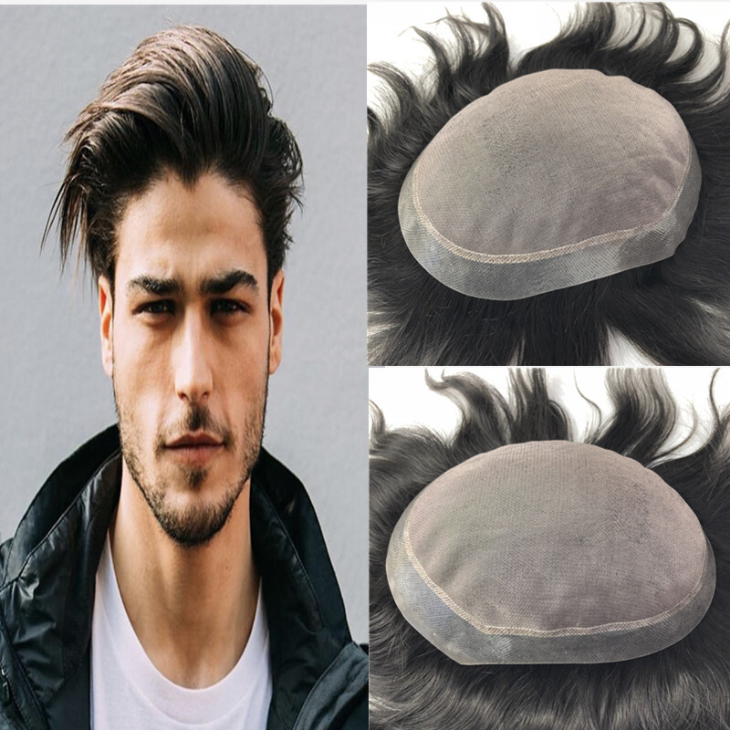 Durable Men Human Hair Replacement System Hairpiece Fine Mono Skin Around Toupee
