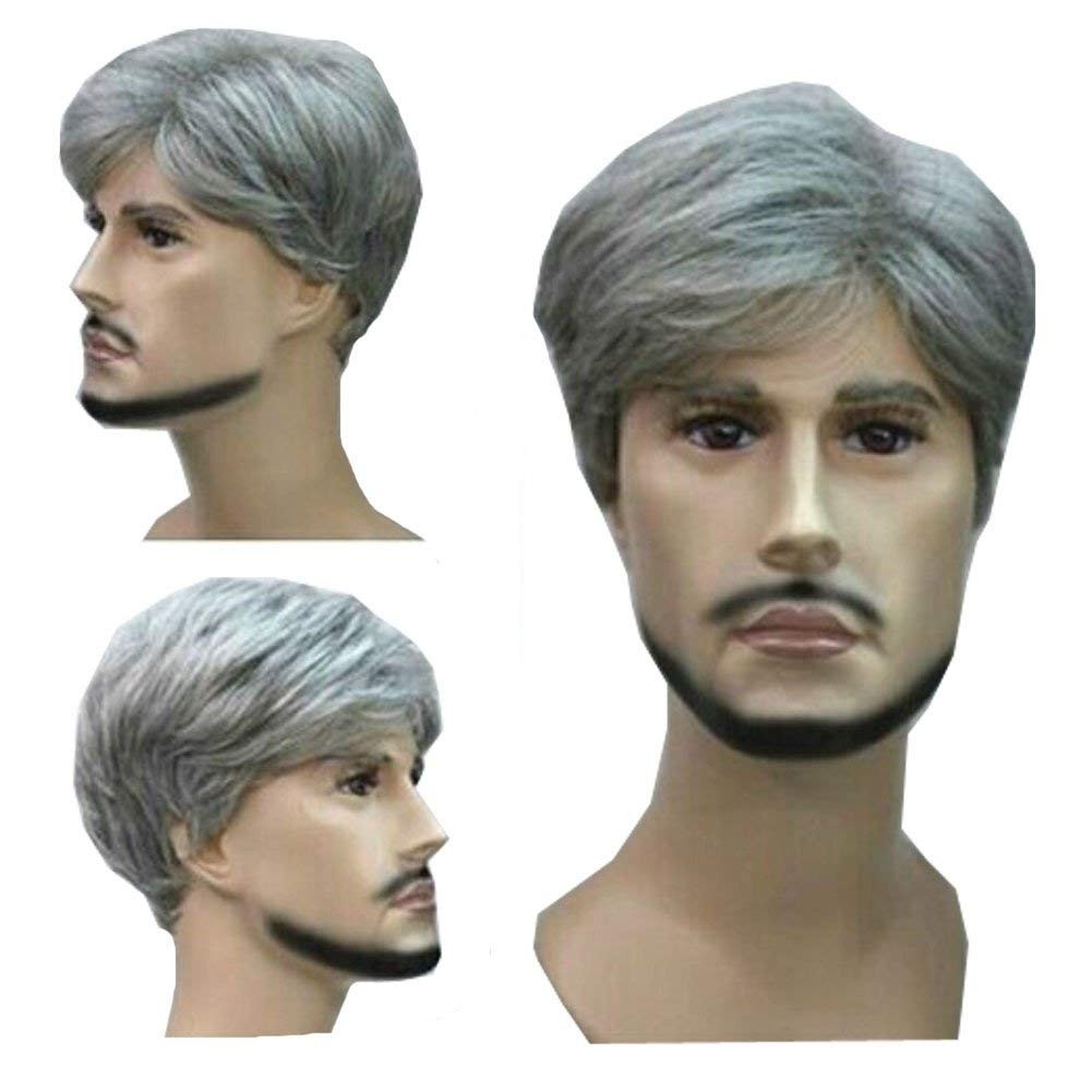 Men’s Short Curly Gray Gloomy Flaxen Wig 11 Inch Synthetic Hair Wig with Wig …